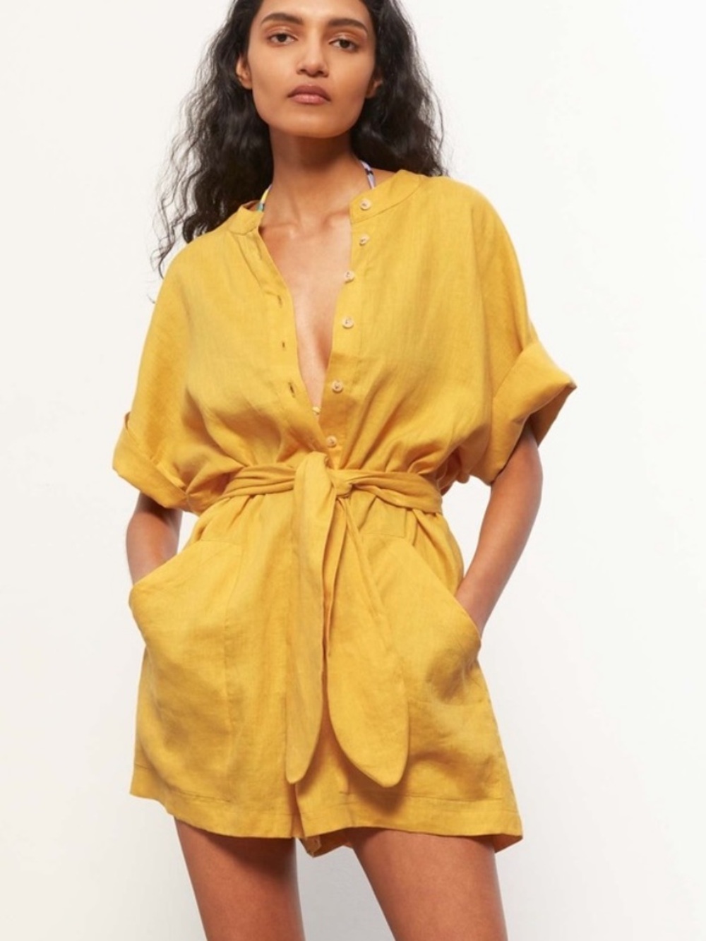 NWOT Mara Hoffman Lowri Linen Romper in Tumeric S